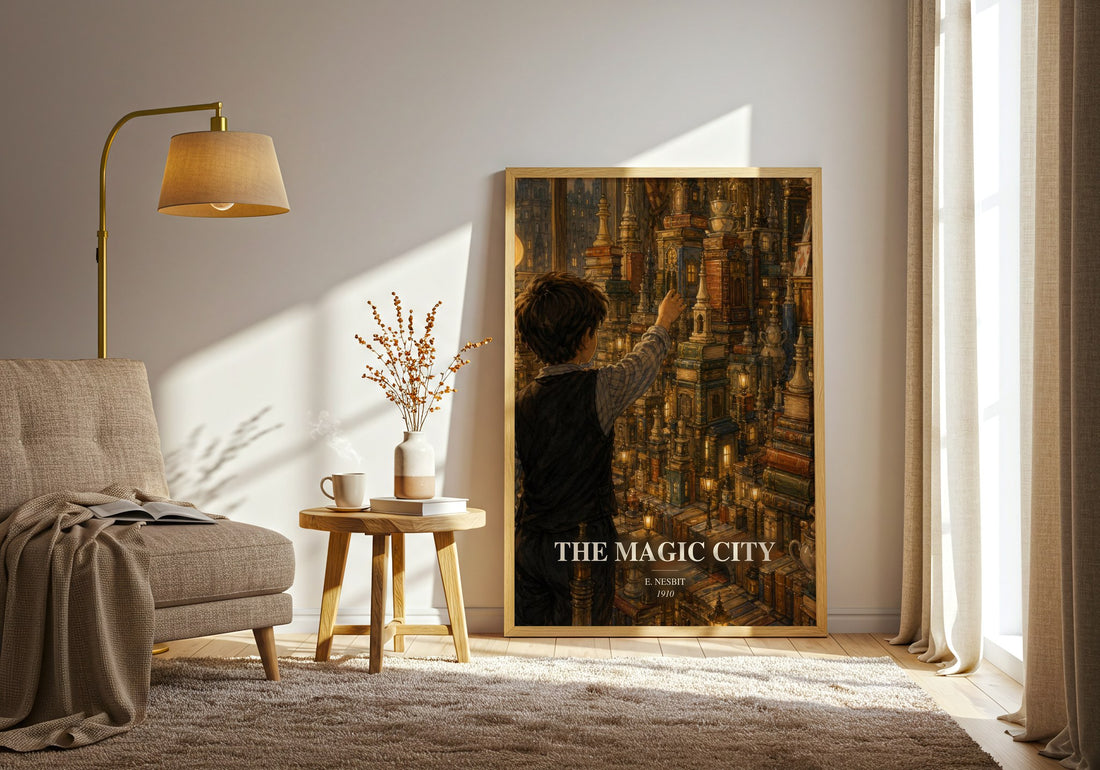 The Magic City watercolour print in frame leaning in hallway – childrens wall art (mockup)