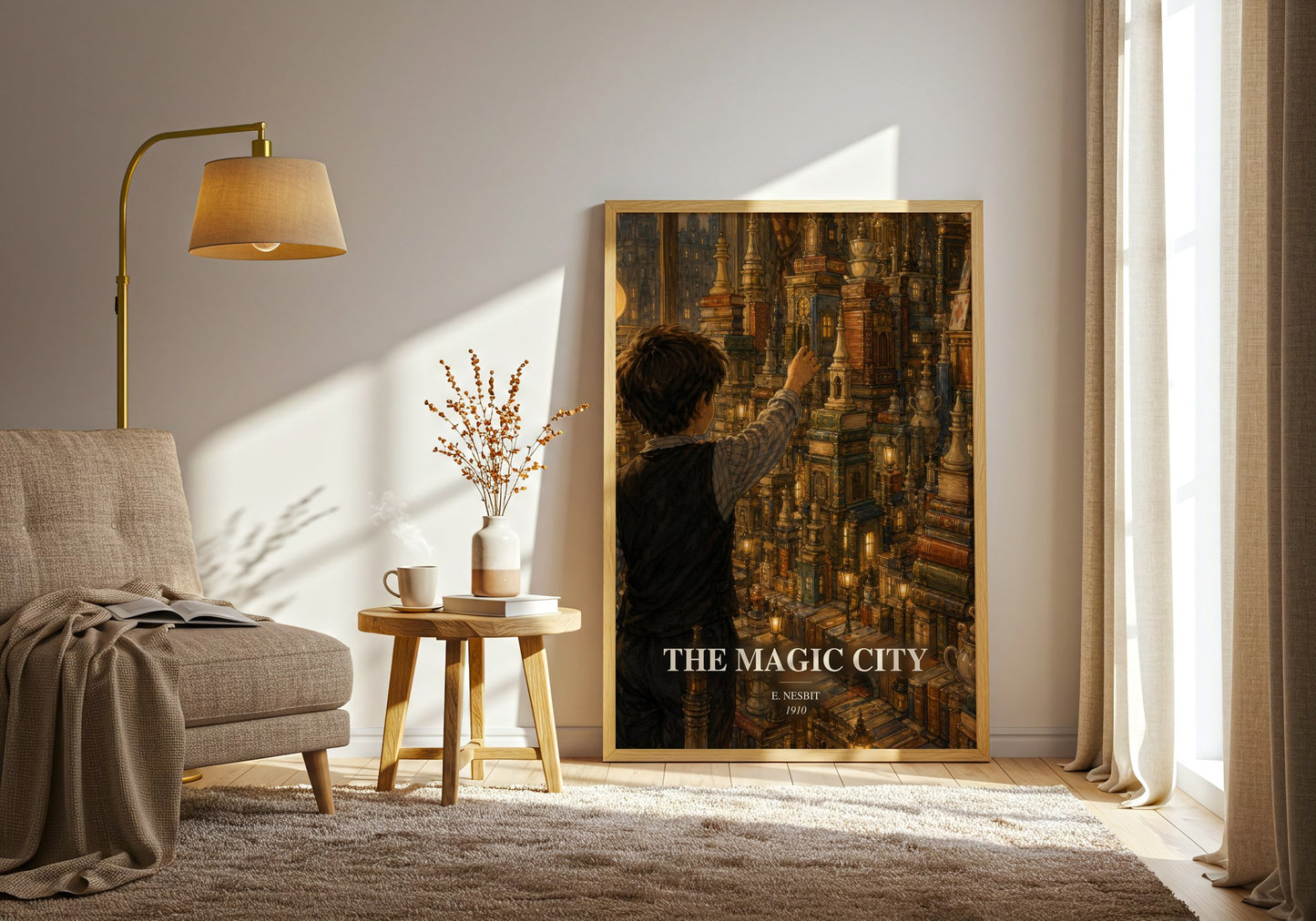 The Magic City watercolour print in frame leaning in hallway – childrens wall art