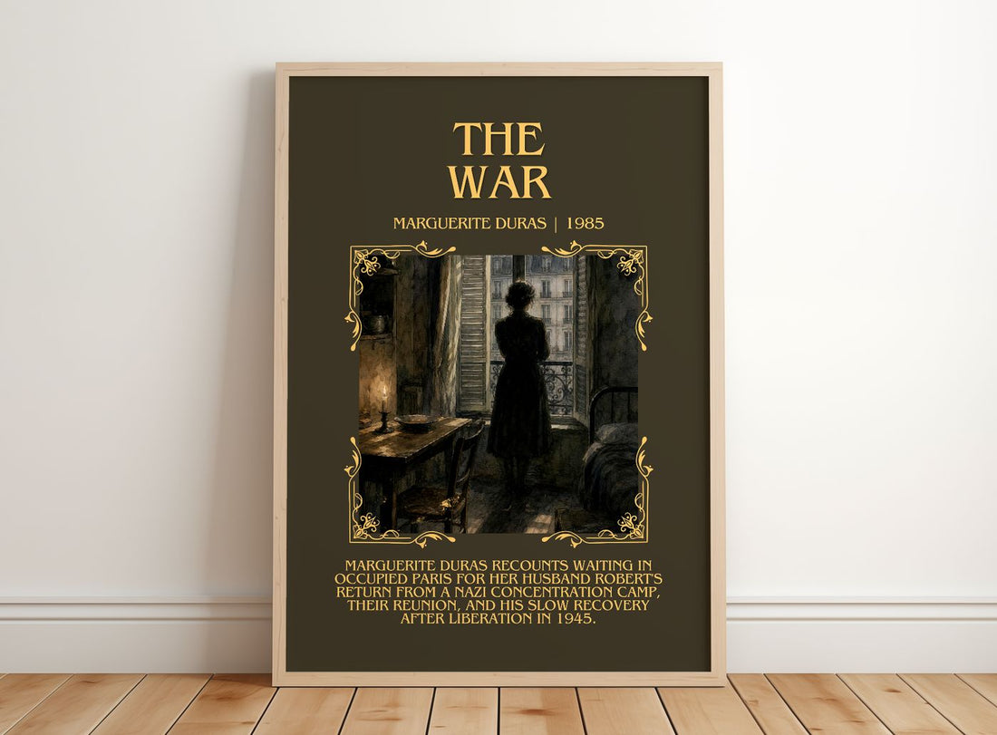 The War Minimalist Book Poster by Marguerite Duras – framed print leaning on a wooden floor