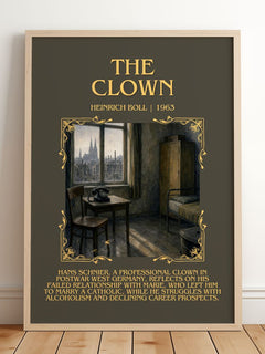 The Clown Minimalist Book Poster by Heinrich Böll – framed print leaning on a wooden floor