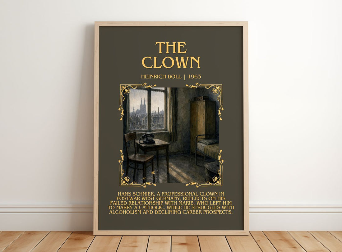 The Clown Minimalist Book Poster by Heinrich Böll – framed print leaning on a wooden floor