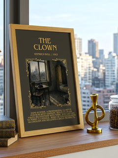 The Clown Minimalist Book Poster by Heinrich Böll – framed print on a city-view windowsill