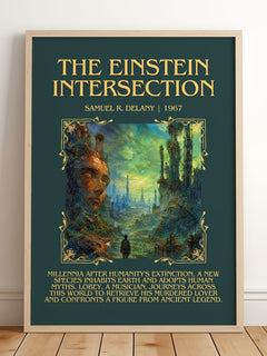 The Einstein Intersection Minimalist Book Poster by Samuel R. Delany – framed print leaning on a wooden floor