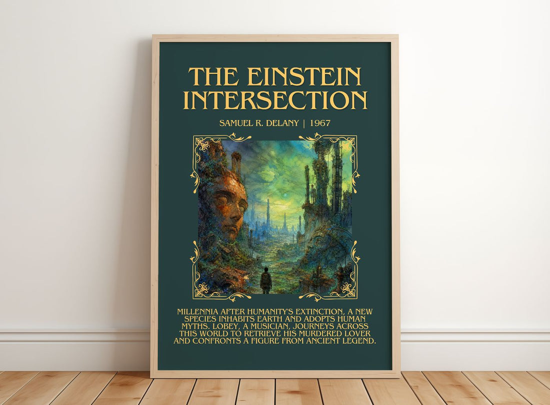 The Einstein Intersection Minimalist Book Poster by Samuel R. Delany – framed print leaning on a wooden floor
