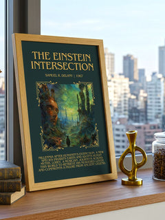 The Einstein Intersection Minimalist Book Poster by Samuel R. Delany – framed print on a city-view windowsill