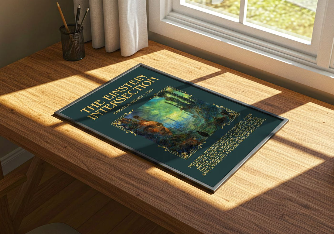 The Einstein Intersection Minimalist Book Poster by Samuel R. Delany – print on a sunlit desk