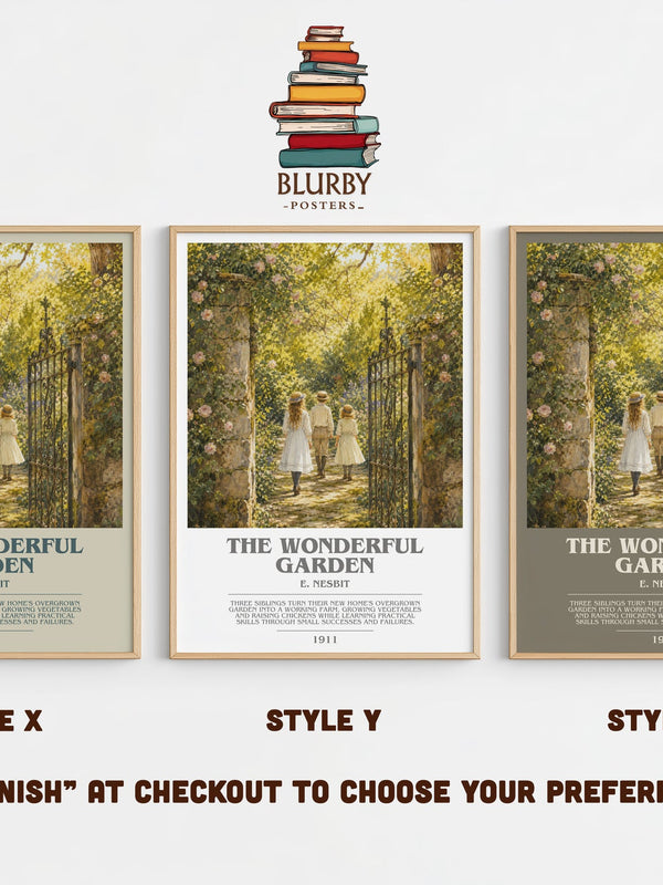 The Wonderful Garden bookish print in frame leaning in hallway – childrens wall art
