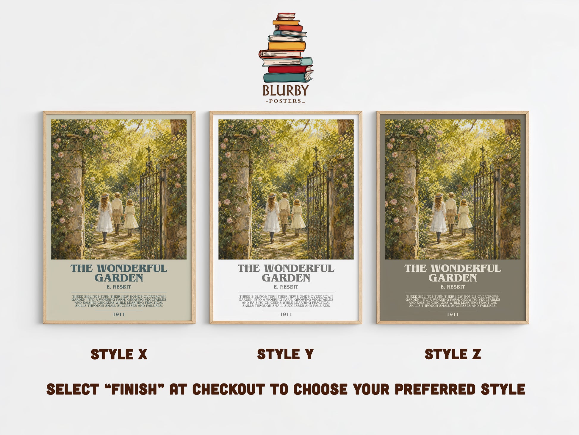 The Wonderful Garden bookish print in frame leaning in hallway – childrens wall art