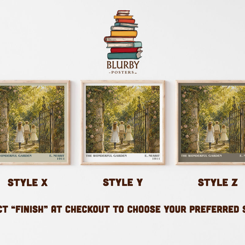 The Wonderful Garden literary print in frame leaning in hallway – childrens wall art