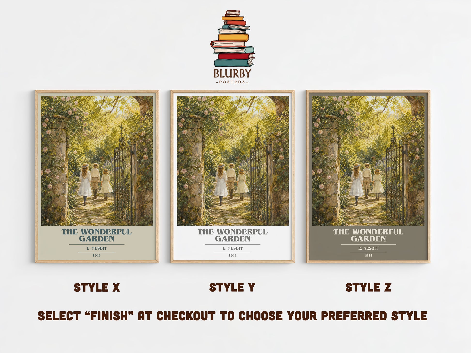 The Wonderful Garden book cover print in frame leaning in hallway – childrens wall art