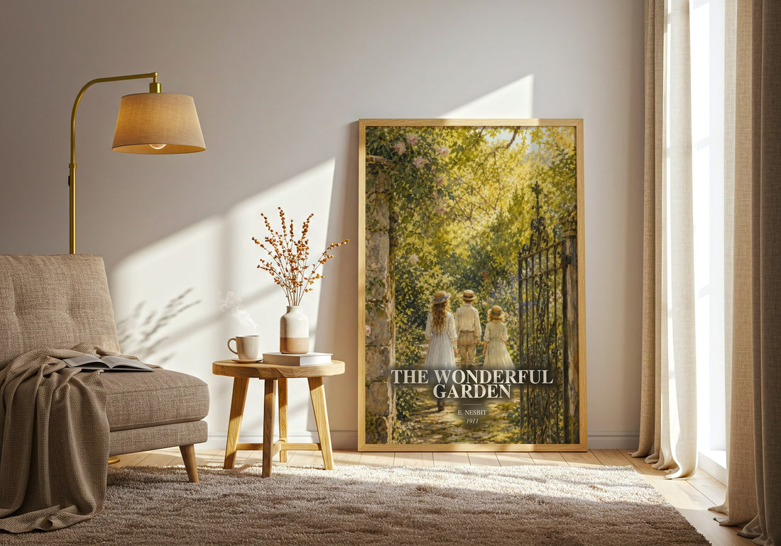 The Wonderful Garden watercolour print in frame leaning in hallway – childrens wall art (mockup)