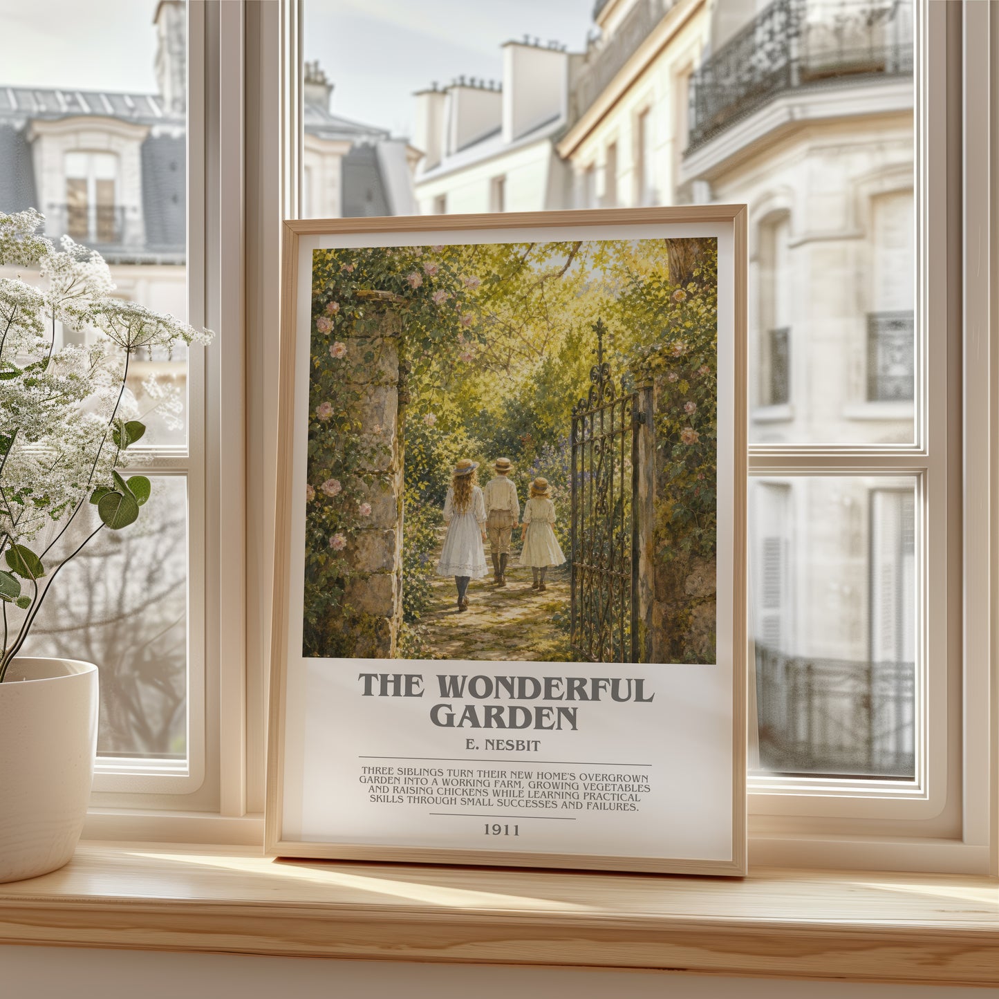 The Wonderful Garden bookish poster colour and style options – E. Nesbit book art