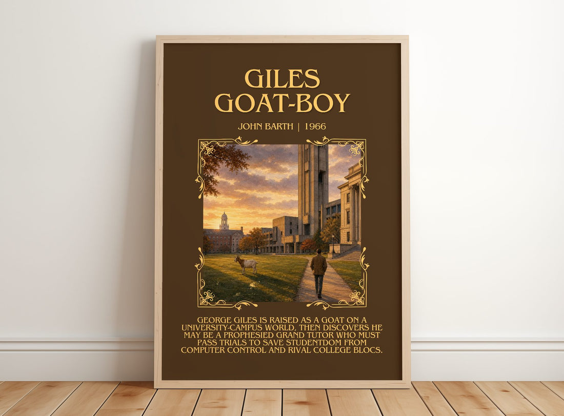 Giles Goat-Boy Minimalist Book Poster by John Barth – framed print leaning on a wooden floor