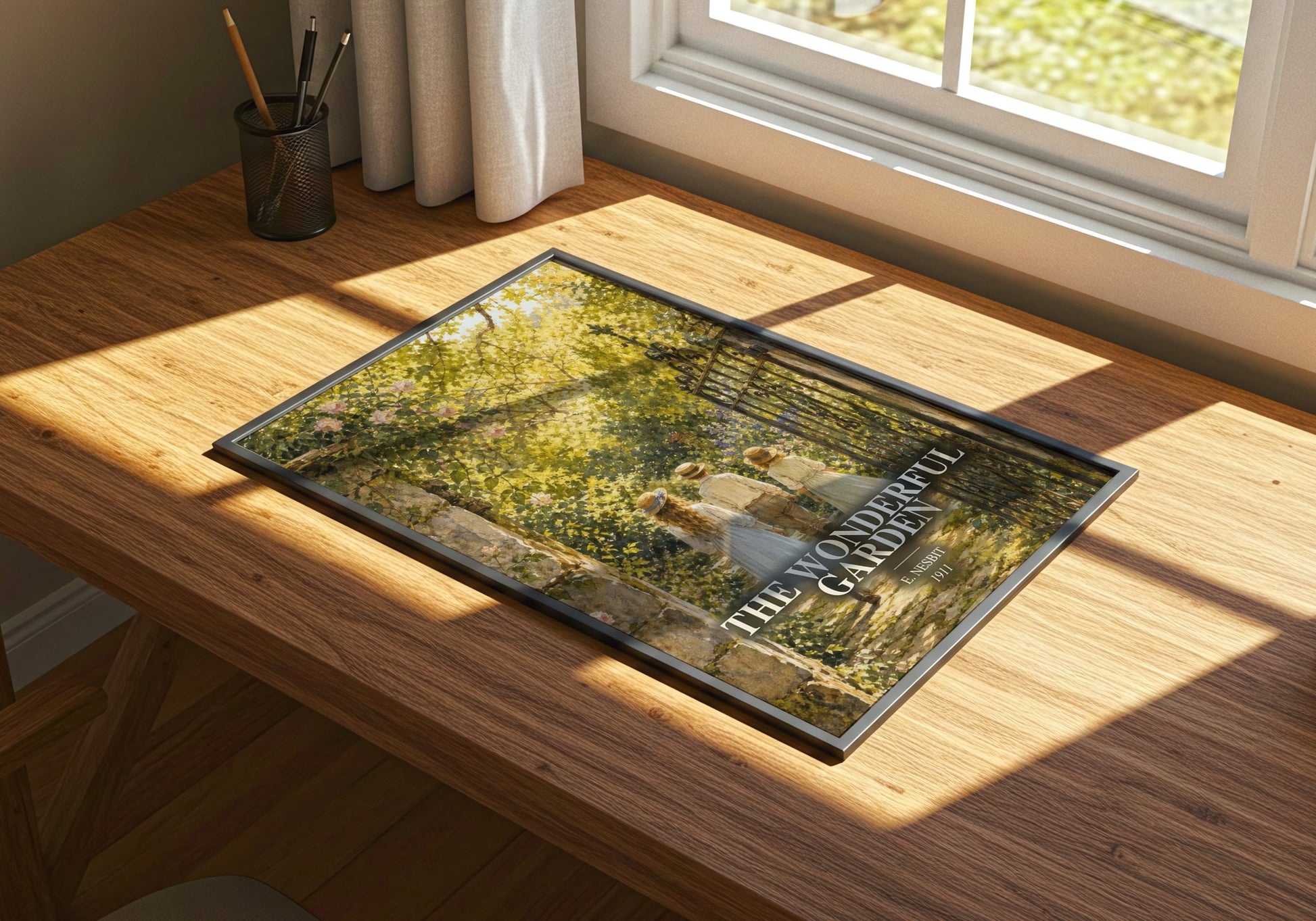 The Wonderful Garden watercolour book poster framed on wall – childrens wall art