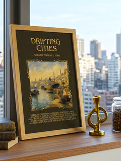 Drifting Cities Minimalist Book Poster by Stratis Tsirkas – framed print on a city-view windowsill