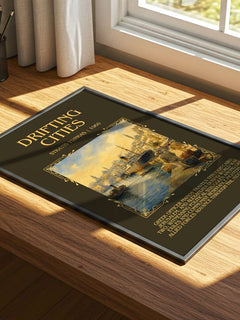 Drifting Cities Minimalist Book Poster by Stratis Tsirkas – print on a sunlit desk