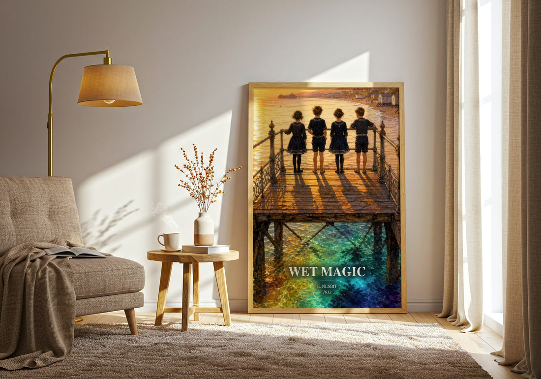 Wet Magic watercolour print in frame leaning in hallway – childrens wall art (mockup)
