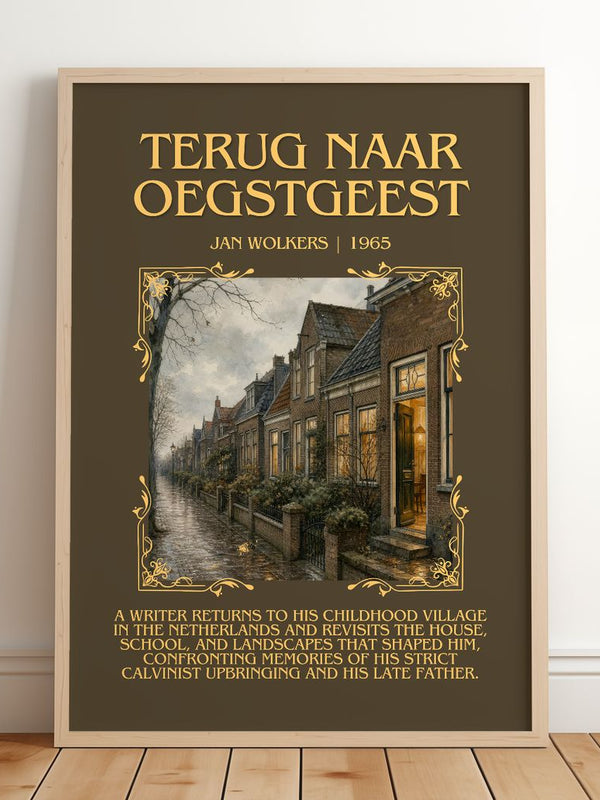Terug naar Oegstgeest Minimalist Book Poster by Jan Wolkers – framed print leaning on a wooden floor