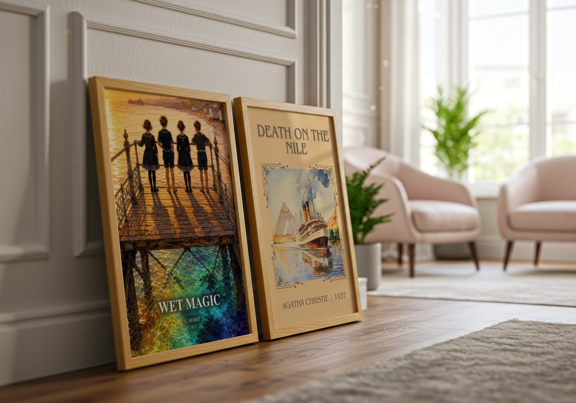 Wet Magic watercolour print framed by window – literary home decor