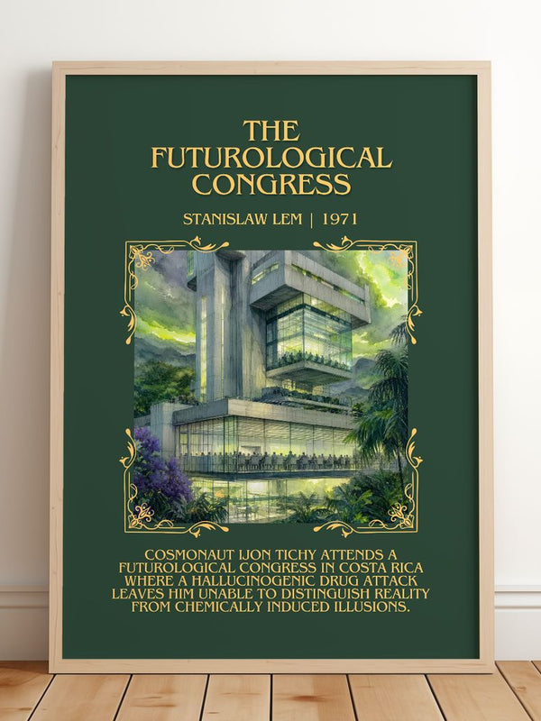 The Futurological Congress Minimalist Book Poster by Stanislaw Lem – framed print leaning on a wooden floor