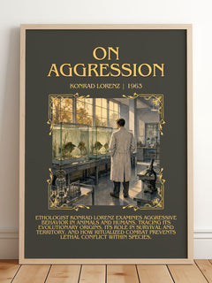 On Aggression Minimalist Book Poster by Konrad Lorenz – framed print leaning on a wooden floor