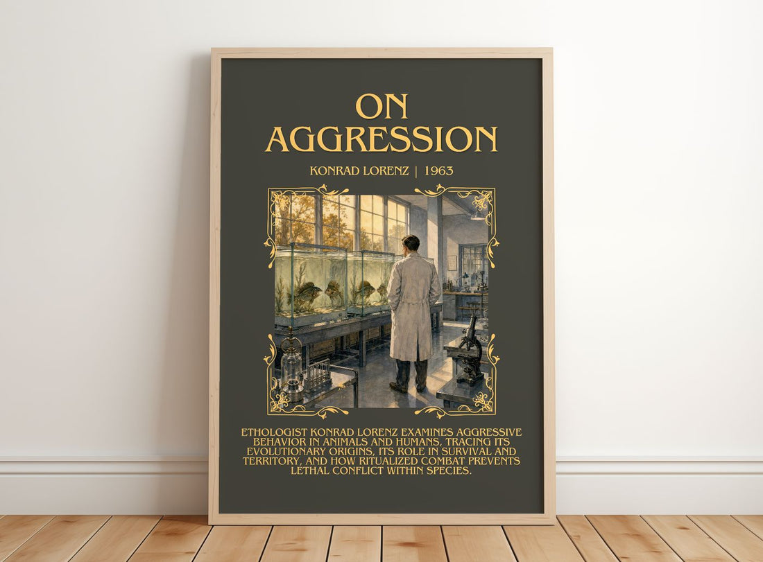On Aggression Minimalist Book Poster by Konrad Lorenz – framed print leaning on a wooden floor