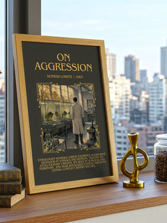 On Aggression Minimalist Book Poster by Konrad Lorenz – framed print on a city-view windowsill