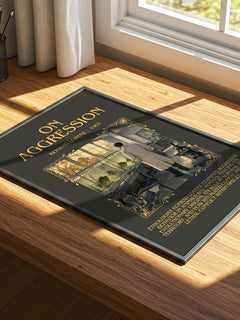 On Aggression Minimalist Book Poster by Konrad Lorenz – print on a sunlit desk