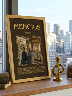 Mencius Minimalist Book Poster by Mencius – framed print on a city-view windowsill