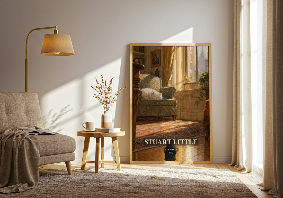 Stuart Little watercolour print in frame leaning in hallway – childrens wall art (mockup)