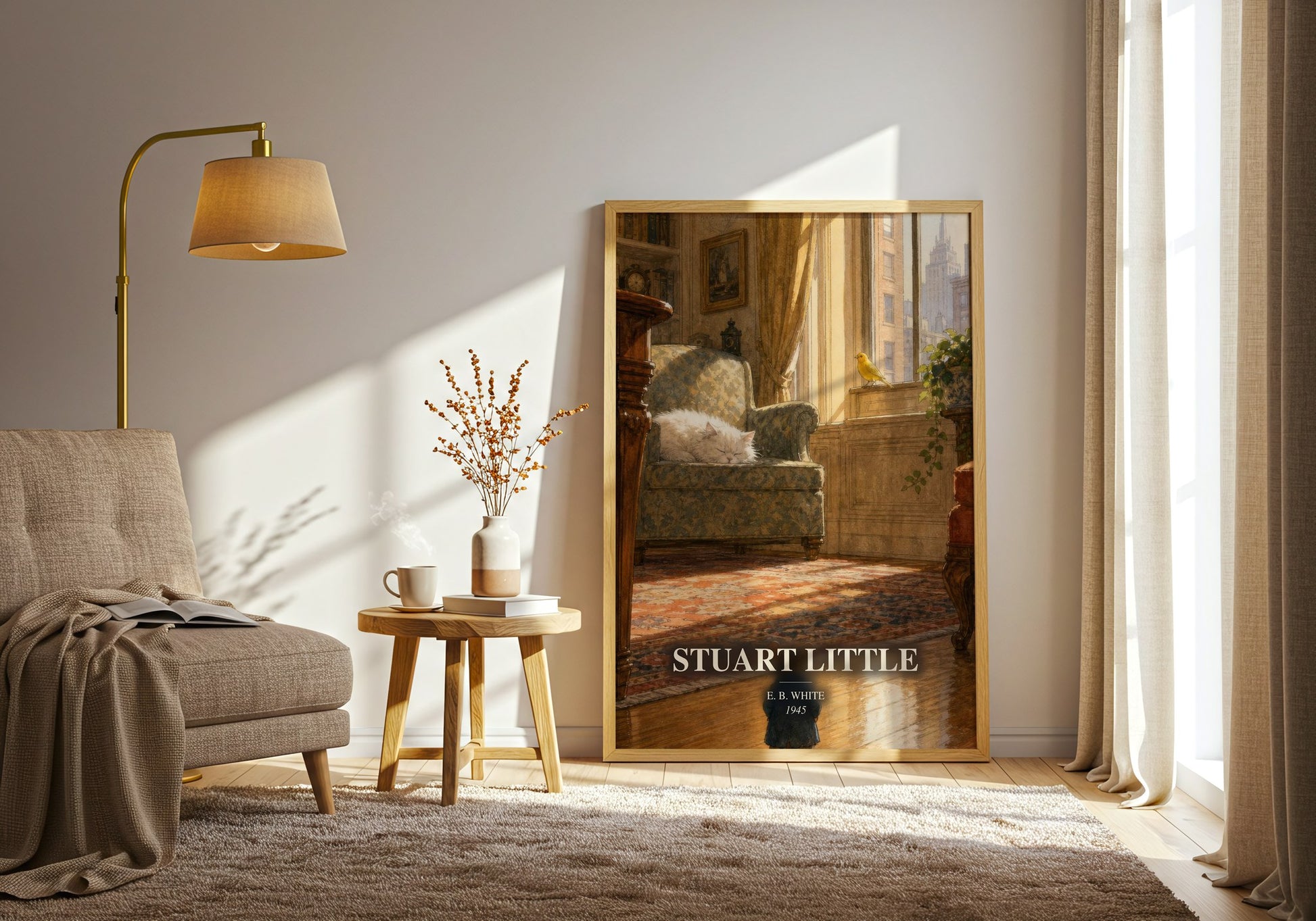 Stuart Little watercolour print in frame leaning in hallway – childrens wall art