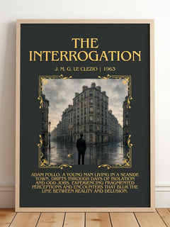 The Interrogation Minimalist Book Poster by J. M. G. Le Clezio – framed print leaning on a wooden floor