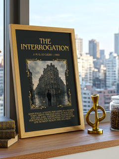 The Interrogation Minimalist Book Poster by J. M. G. Le Clezio – framed print on a city-view windowsill