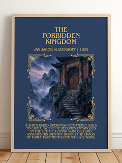 The Forbidden Kingdom Minimalist Book Poster by Jan Jacob Slauerhoff – framed print leaning on a wooden floor