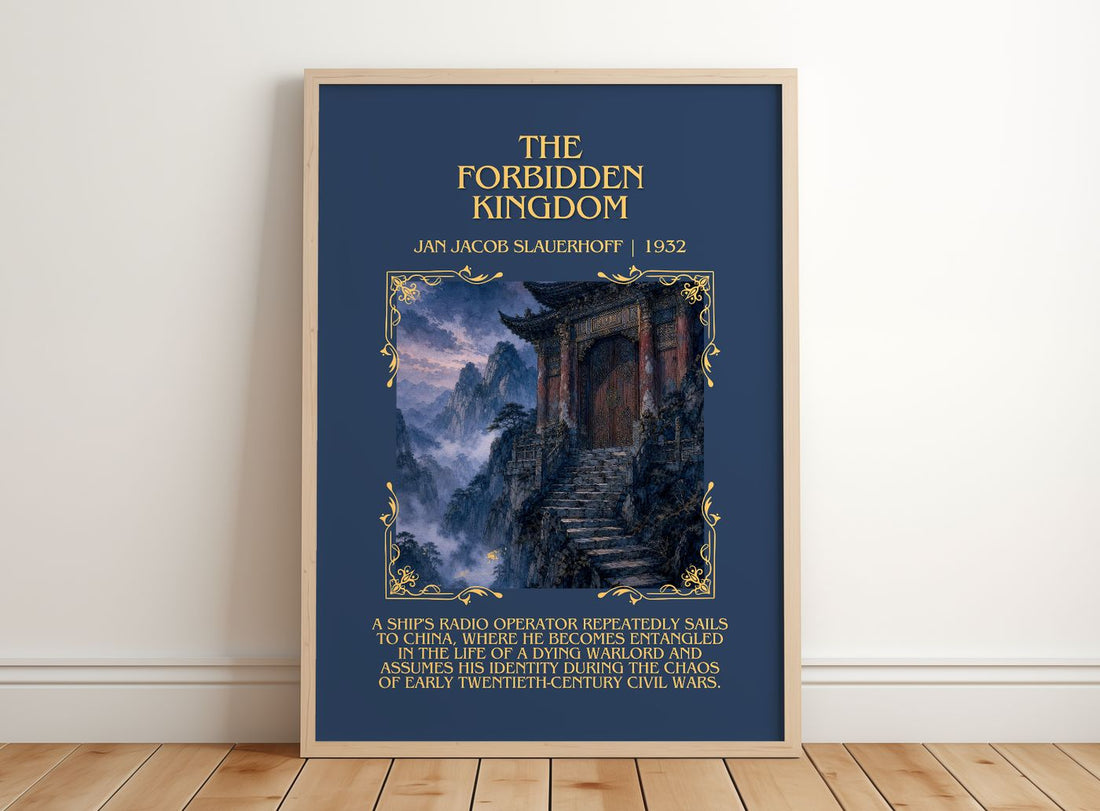 The Forbidden Kingdom Minimalist Book Poster by Jan Jacob Slauerhoff – framed print leaning on a wooden floor