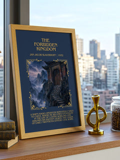 The Forbidden Kingdom Minimalist Book Poster by Jan Jacob Slauerhoff – framed print on a city-view windowsill
