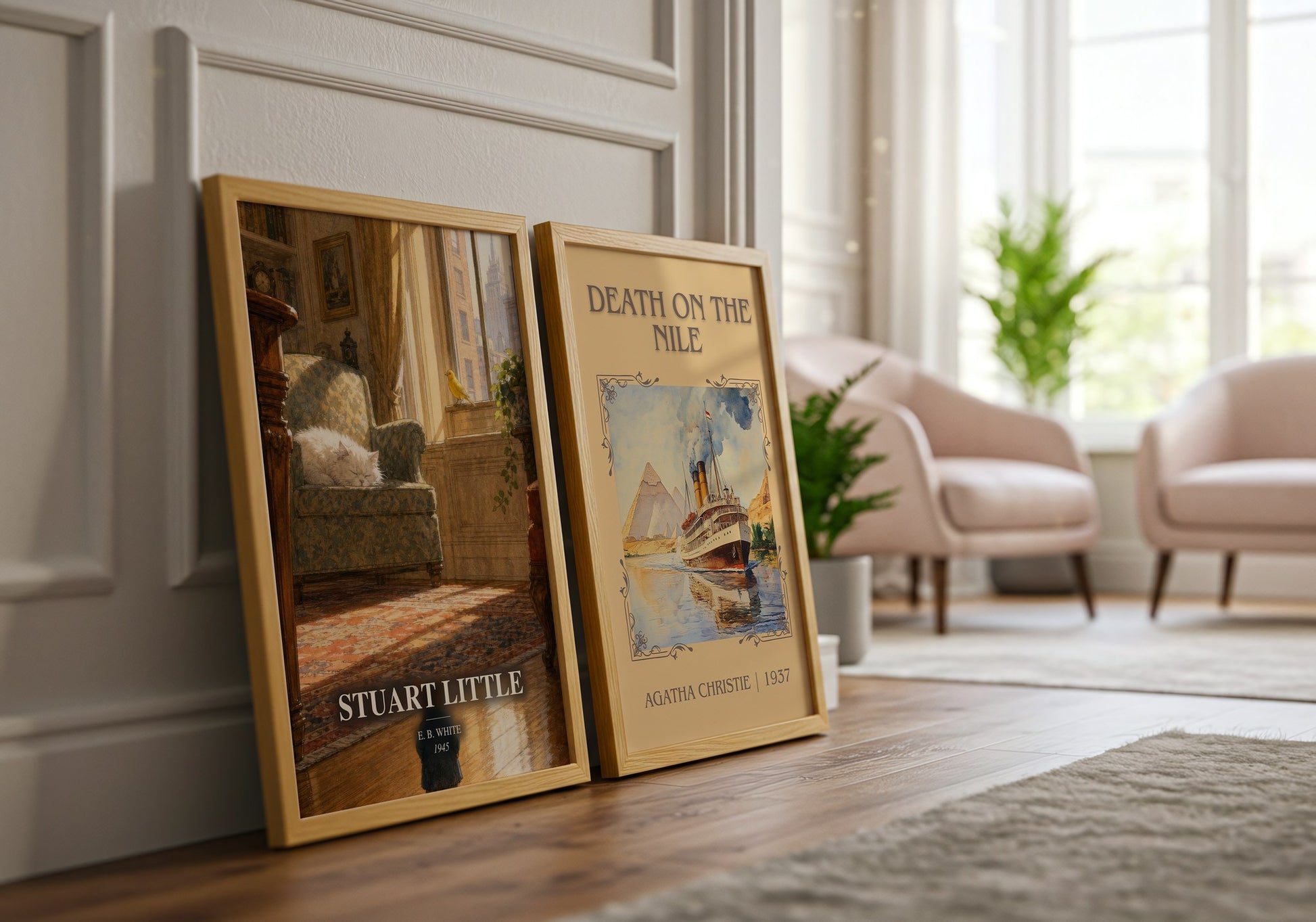 Stuart Little watercolour print framed by window – literary home decor