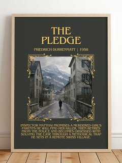 The Pledge Minimalist Book Poster by Friedrich Dürrenmatt – framed print leaning on a wooden floor