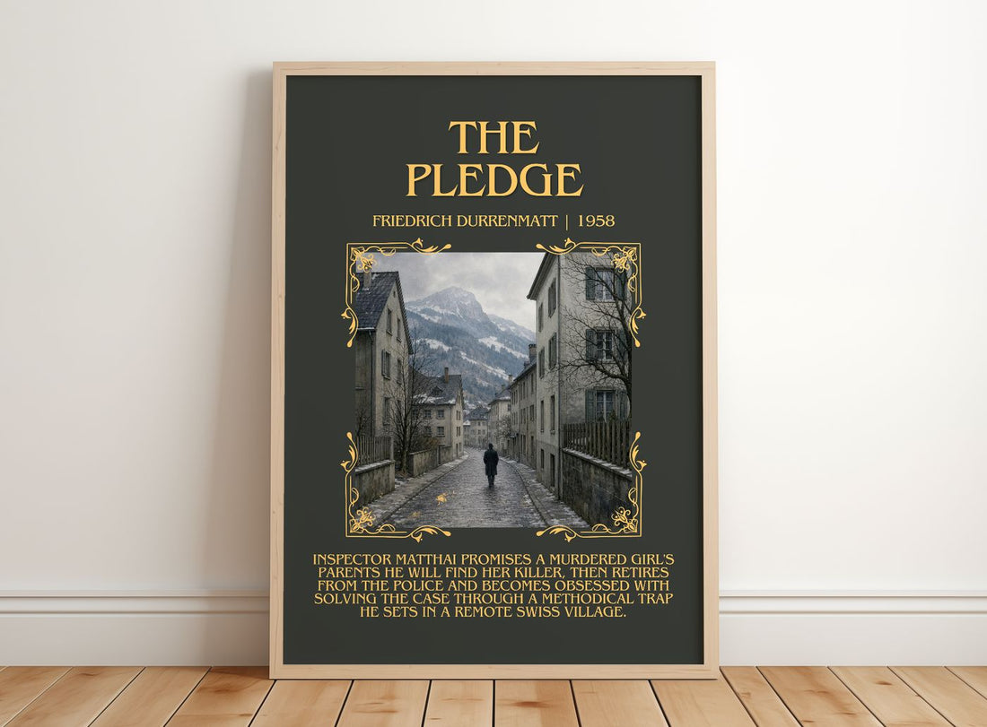 The Pledge Minimalist Book Poster by Friedrich Dürrenmatt – framed print leaning on a wooden floor