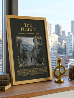 The Pledge Minimalist Book Poster by Friedrich Dürrenmatt – framed print on a city-view windowsill