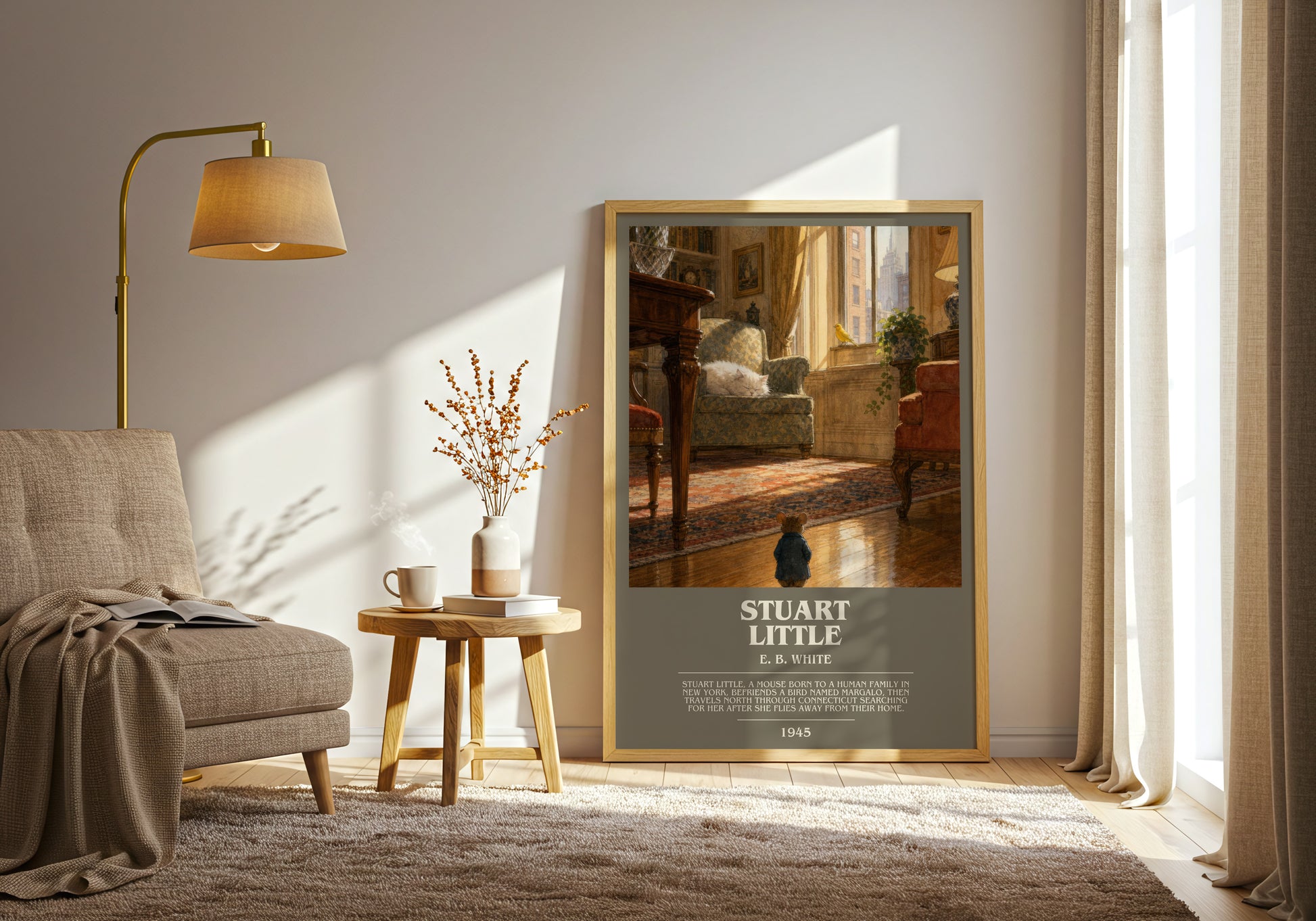 Stuart Little bookish print on bookshelf – E. B. White fan gift