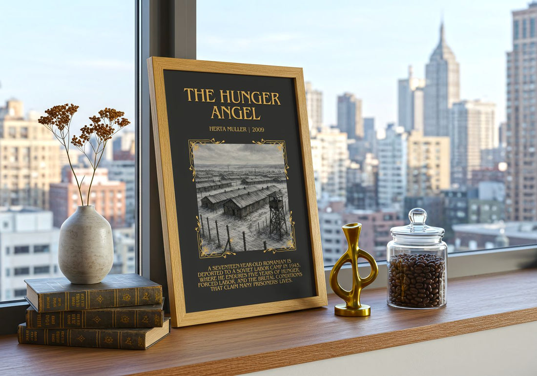 The Hunger Angel Minimalist Book Poster by Herta Müller – framed print on a city-view windowsill