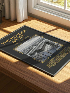 The Hunger Angel Minimalist Book Poster by Herta Müller – print on a sunlit desk