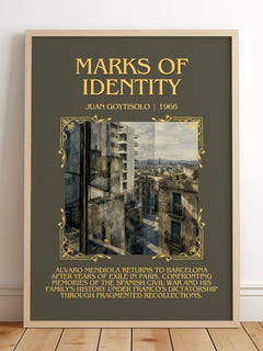 Marks of Identity Minimalist Book Poster by Juan Goytisolo – framed print leaning on a wooden floor