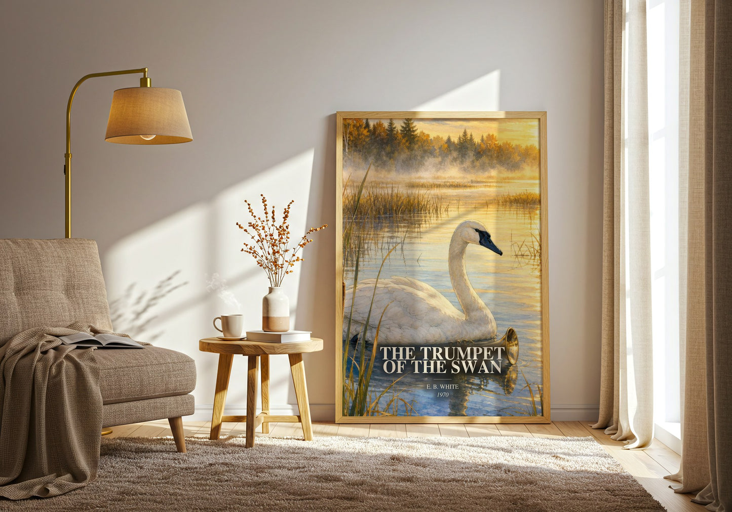 The Trumpet Of The Swan watercolour print in frame leaning in hallway – childrens wall art