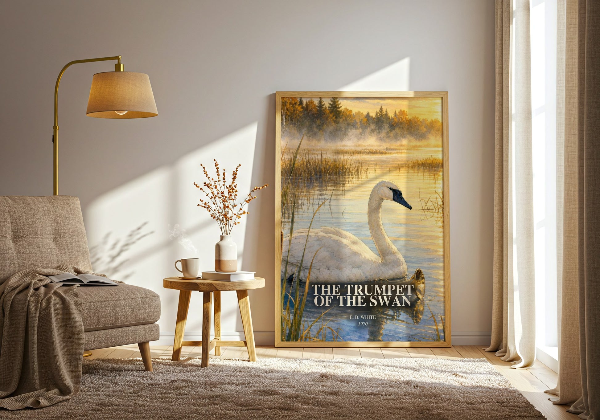 The Trumpet Of The Swan watercolour print in frame leaning in hallway – childrens wall art