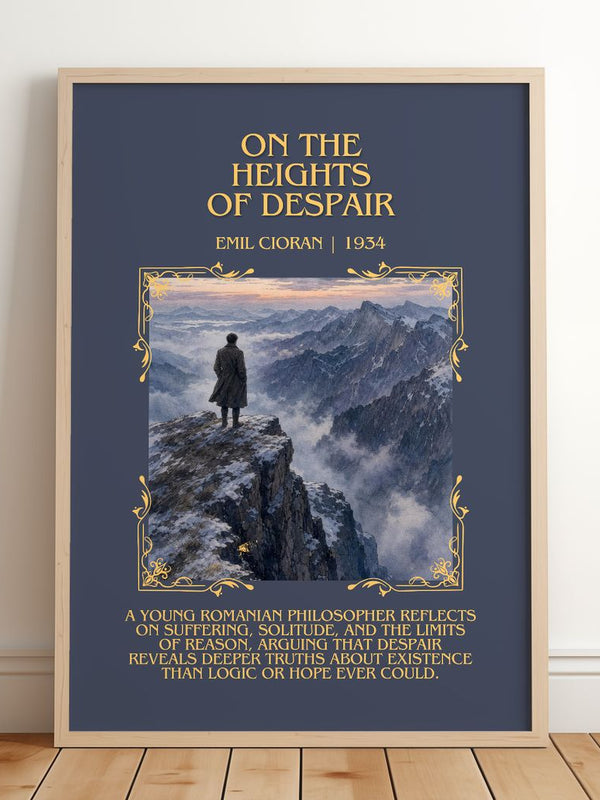On the Heights of Despair Minimalist Book Poster by Emil Cioran – framed print leaning on a wooden floor