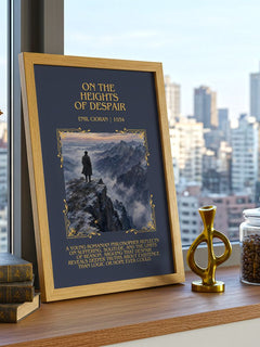 On the Heights of Despair Minimalist Book Poster by Emil Cioran – framed print on a city-view windowsill