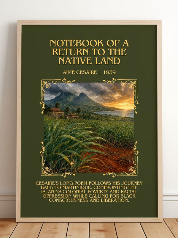 Notebook Of A Return To The Native Land Minimalist Book Poster by Aimé Césaire – framed print leaning on a wooden floor