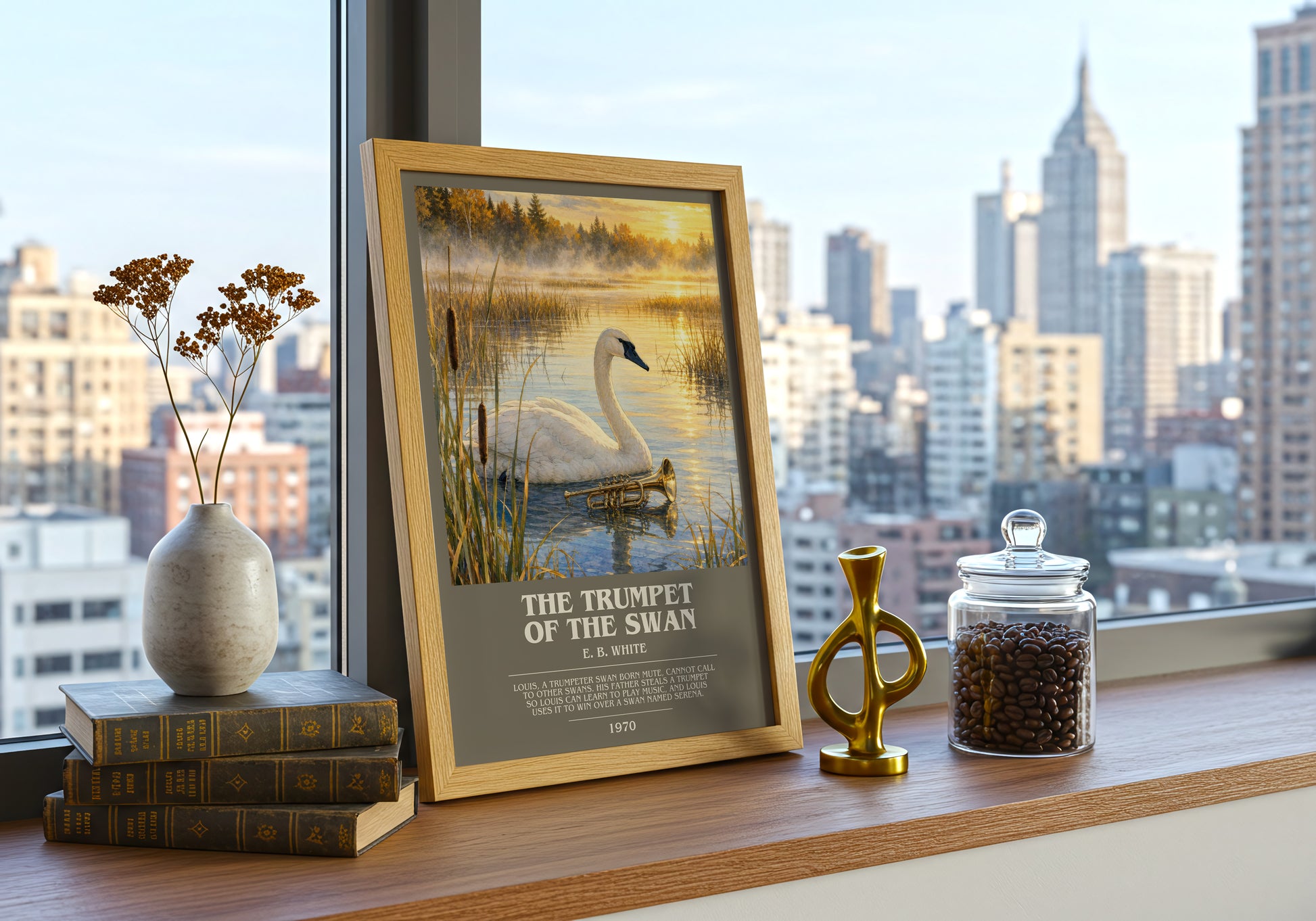 The Trumpet Of The Swan bookish print framed by window – literary home decor